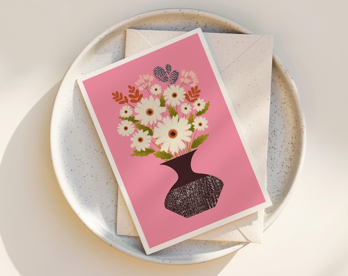 "Retro Moods" - Whimsical Floral Greeting Card Set: Folk Art Flowers Illustration