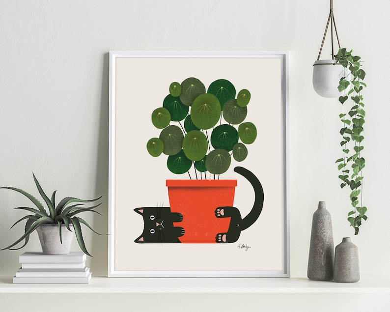 Funny Cat and Plant Wall Art Print Plants wall art Illustration Print Cat wall art Potted Plant Print Botanical wall art cute image 5