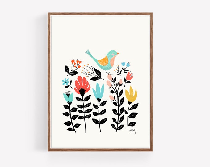 "Folk Art Garden" - Scandinavian Wall Art - Folk art Bird and Flowers print - Whimsical Illustration