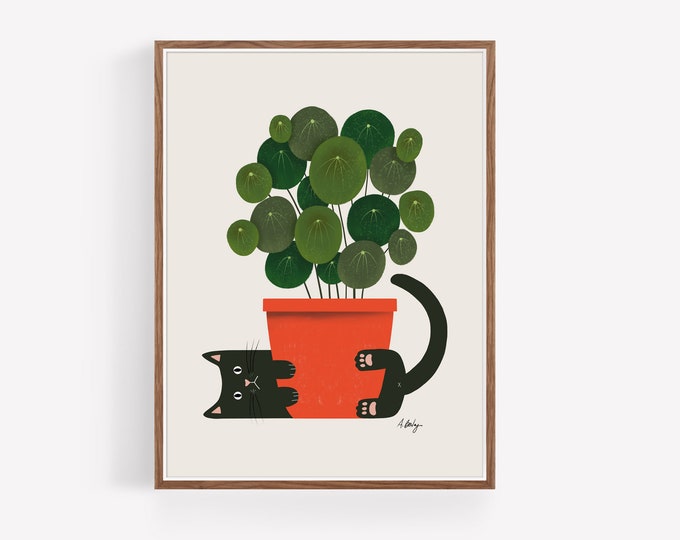 "Plants are Friends" - Cute Black Cat Pilea Plant Art Print, Whimsical Houseplant Poster, Cat Lover Gift, Minimalist Botanical Illustration