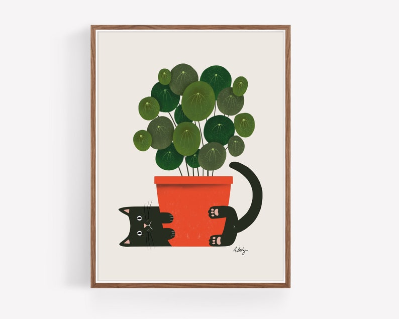 Funny Cat and Plant Wall Art Print Plants wall art Illustration Print Cat wall art Potted Plant Print Botanical wall art cute image 4