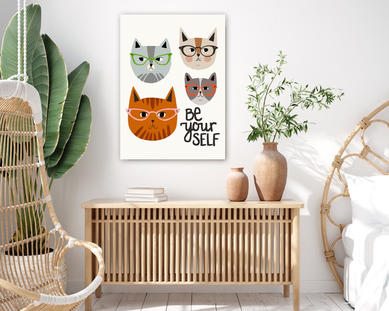 Be Yourself Cats with Glasses Quote Print Cat wall art Quotes about life Funny Cat Art Quote wall art Large wall art Animals Art image 3