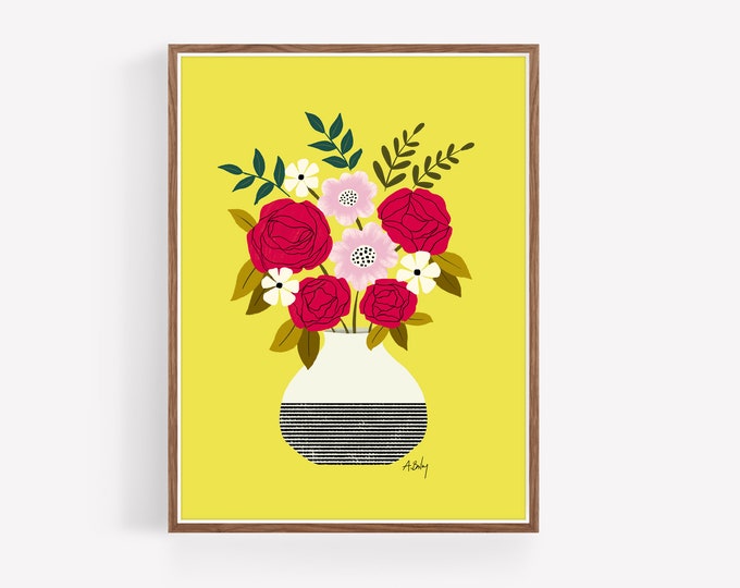"Magenta Blooms" - Whimsical Folk Art Flowers Print - Scandinavian Flowers Illustration Print - Hygge Decor