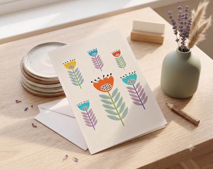"Retro Garden" - Scandinavian Floral Greeting Card | Retro Floral Note Card | Blank Folk Art Card | Modern Botanical Blank Stationary
