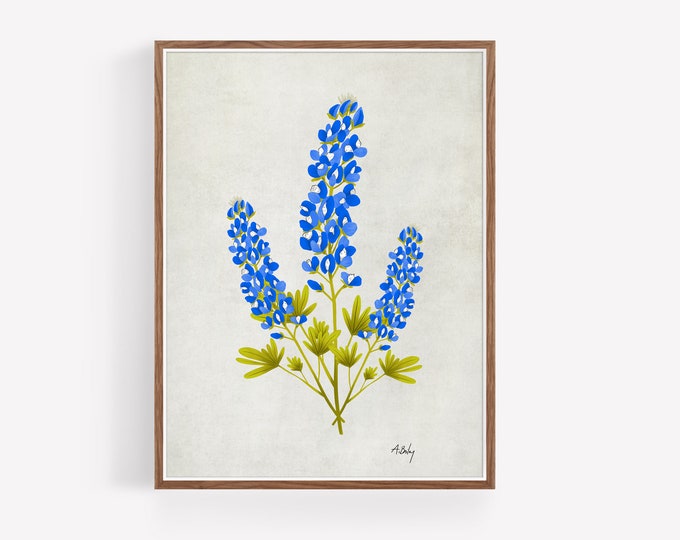 "Bluebonnets" - Folk Art Bluebonnets Print: Whimsical Floral Wall Art - Scandinavian Botanical Illustration - Hygge Dopamine Decor