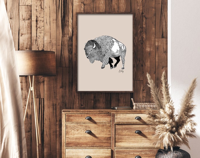 "Bison" - Ink Drawing Print - Simple Wildlife illustration art - Nature Decor