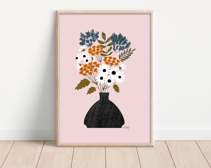 "Summer Wildflowers" - Whimsical Folk Art Flowers Print - Scandinavian Floral Illustration Print - Hygge Decor