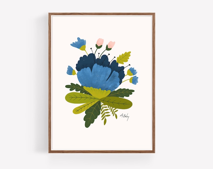 "Royal Blue" - Whimsical Floral Art Print: Folk Art Flowers Illustration