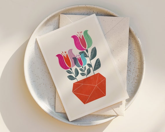 Scandinavian Flowers Greeting Card - Set of Notecards - Whimsical - Flowers - Floral - Drawing - blank inside - any occasion - with envelope