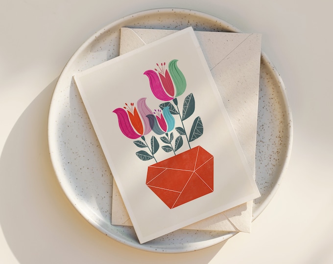 Scandinavian Floral Greeting Card: Whimsical Flower Notecard Set