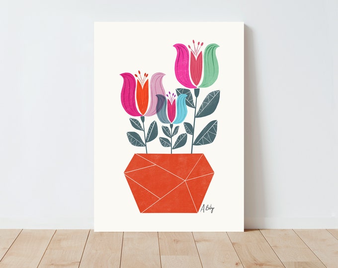 Scandinavian Floral Print: Abstract Folk Art Botanical Illustration