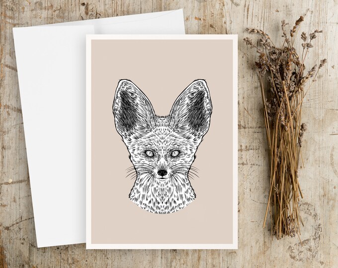 Fennec Fox Portrait Greeting Card: Animal Ink Drawing