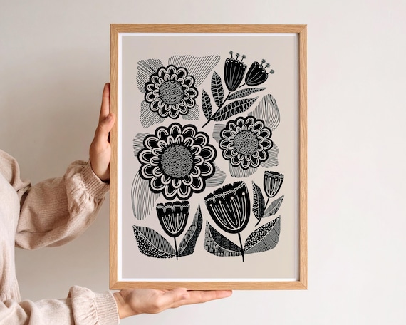 Simple Scandinavian Floral Print - Folk art - Large wall art - Modern Nature Prints - Black and Beige wall art - abstract nature print