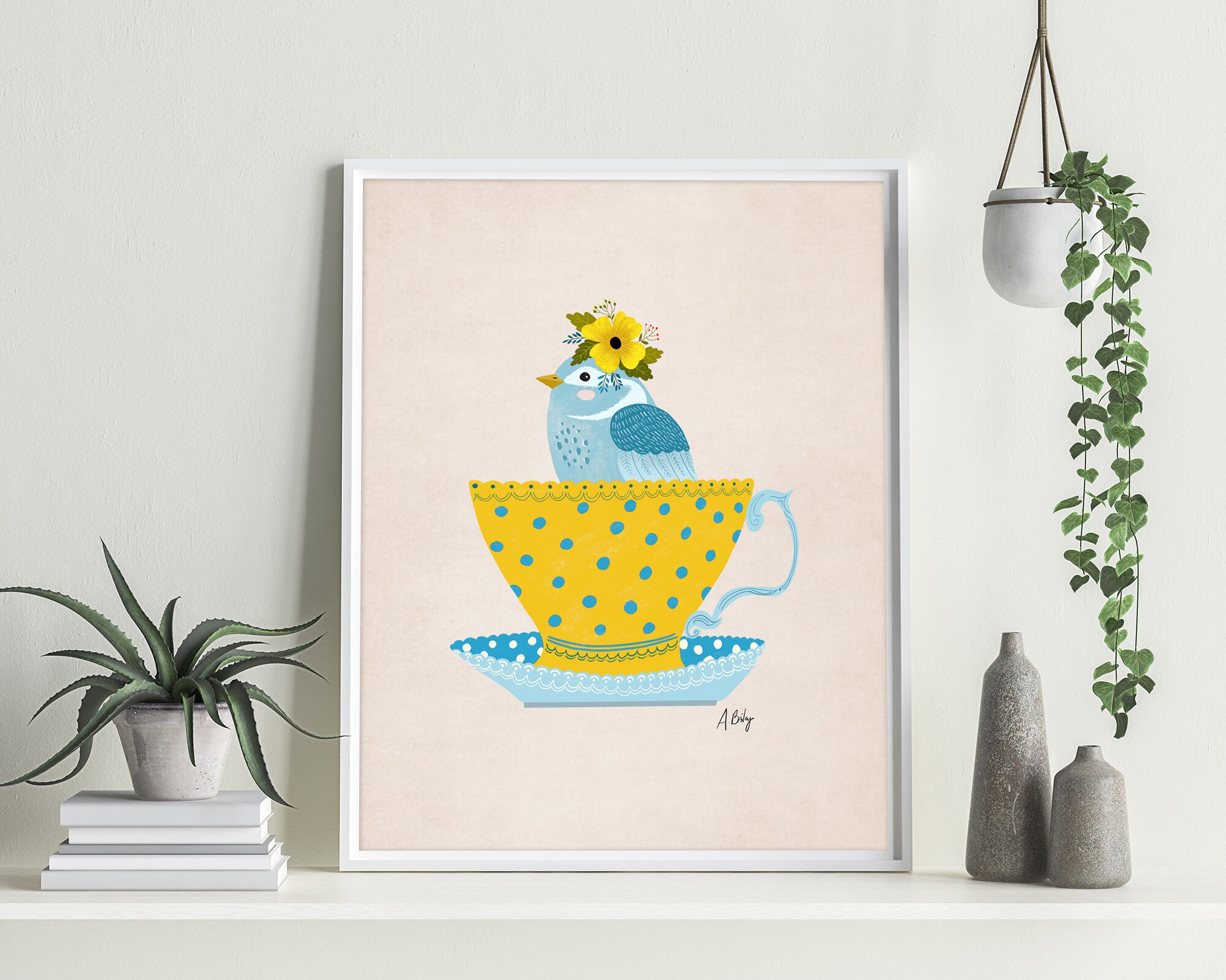Bird and Tea Cup Illustration Print | Etsy