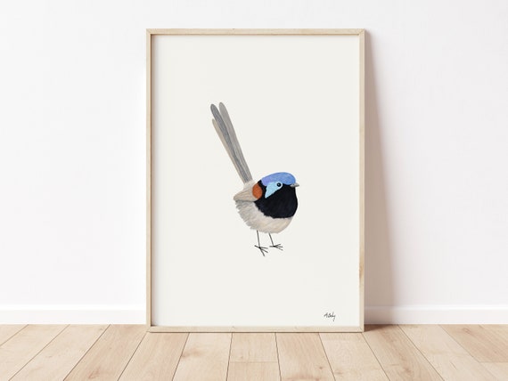 Fairy Wren Illustration Print - Wren Wall Art - Wren Print - Scandinavian Art - Hygge Decor - Large Wall Art - Nature Art - Simple Artwork