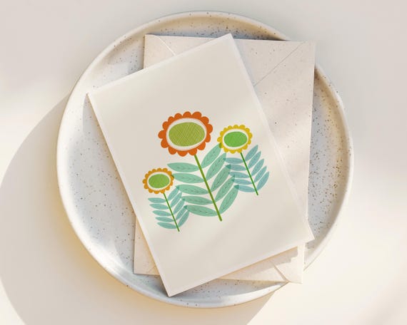 Scandinavian Flowers Note Cards - Folk Art - Abstract Flowers - Greeting Card - Notecards with envelopes - simple mid century modern flowers