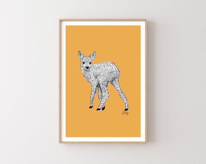 "Elk Calf" - Pen and Ink Illustration, Elk Art Print, Baby animals