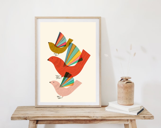 Colorful Birds Print: Abstract Scandinavian Folk Art