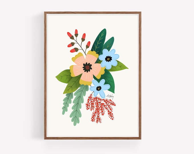 Folk Art Flowers Print: Retro Scandinavian Hygge Wall Art