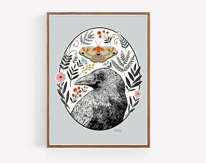Raven and Moth Art Print: Woodlands Nature Botanical