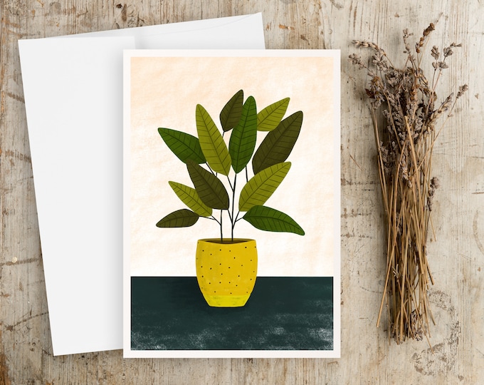 Potted Plant Greeting Card: Yellow Pot Illustration Art