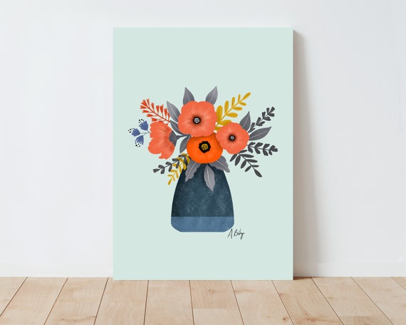 Folk Art Illustration Print - Flower wall art - botanical illustration - living room wall art - farmhouse decor - scandinavian decor - blue