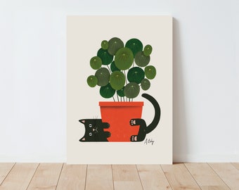 Funny Cat and Plant Wall Art Print - Plants wall art - Illustration Print - Cat wall art - Potted Plant Print - Botanical wall art - cute