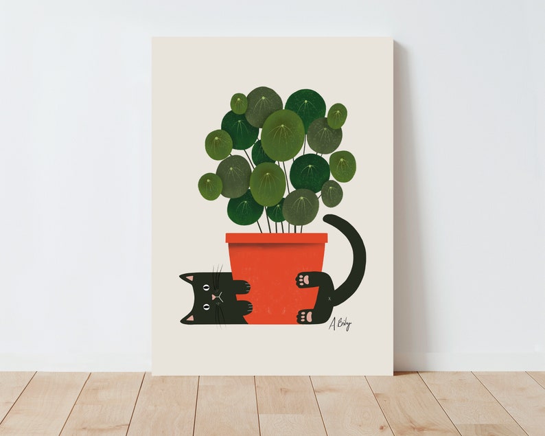 Funny Cat and Plant Wall Art Print Plants wall art Illustration Print Cat wall art Potted Plant Print Botanical wall art cute image 1