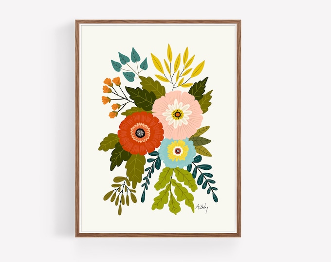 "Country Bunch No. 1" - Whimsical Folk Flowers Wall Art - Scandinavian Decor - Floral Hygge Dopamine Decor