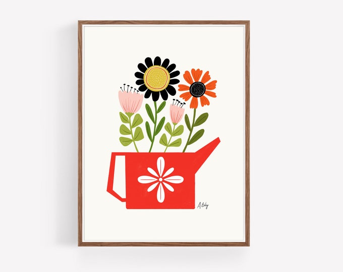 Folk Art Flower Print: Red Watering Can, Scandinavian Hygge Decor