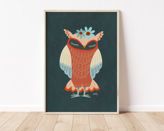 Folk Art Owl Illustration Print - Scandinavian Decor - Scandinavian Art - Hygge Decor - Hygge wall art - Owl - Large wall art - abstract