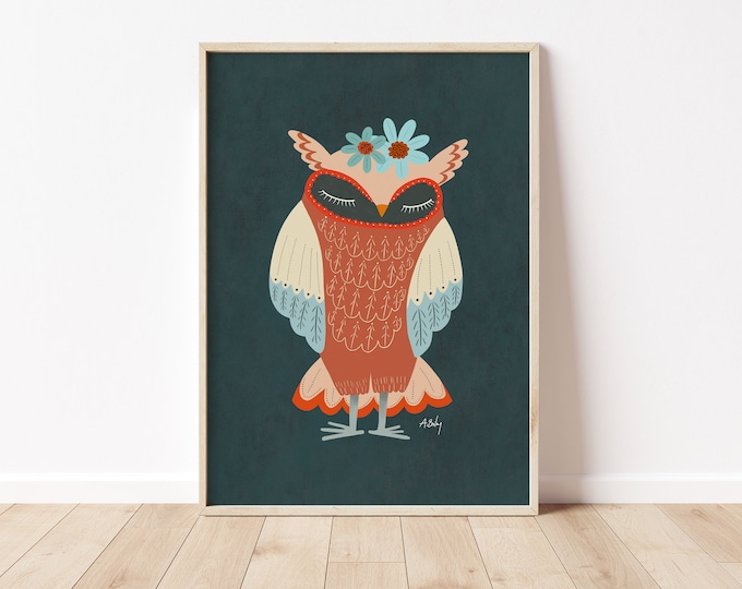 Folk Art Owl Print: Scandinavian Hygge Wall Decor