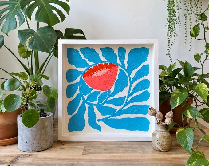 "Blue Leaves" - Modern Scandinavian Folk Art Flower Painting, Textured Acrylic Botanical Wall Decor on Wood Block, Poppy and Blue Floral Art