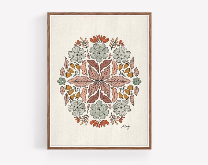 "Flora No. 1" - Whimsical Simple Floral Mandala Print - Scandinavian Floral Wall Art