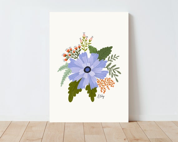 Folk Art Illustration Print - Flower Wall Art - Botanical Illustration - Living Room Wall Art - Farmhouse Decor - Scandinavian Decor