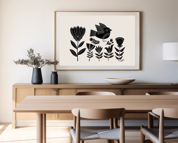Scandianvian Bird and Flowers Illustration - Scandinavian Decor - Boho Decor - Abstract - Modern - Black and Beige - Nature - Minimalist