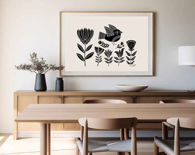 Scandinavian Bird & Flowers Print: Black Beige Folk Art Illustration