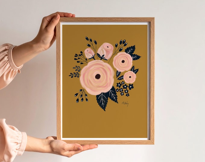 Folk Art Roses Print: Scandinavian Floral Wall Art