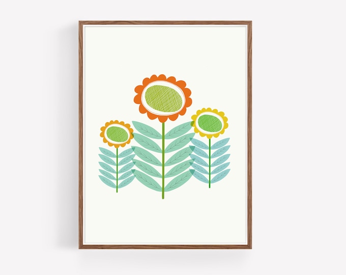 "Mid Mod Garden No. 3" - Scandinavian Flowers Print: Folk Art Floral Illustration Print - Hygge Decor