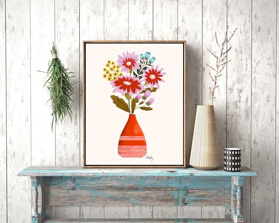 Whimsical Folk Art Flowers - Botanical wall art - Scandinavian wall art - simple artwork - large wall art - hygge - prints - illustration -