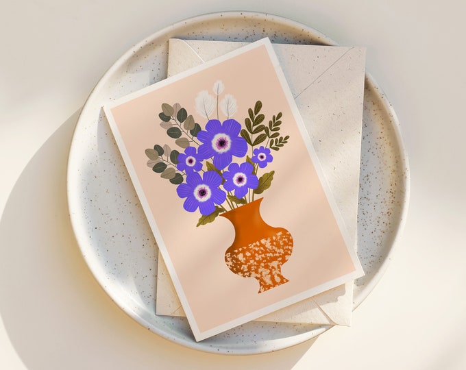 Whimsical Floral Greeting Card: Purple Bouquet, Blank Notecard