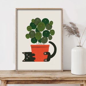 Funny Cat and Plant Wall Art Print Plants wall art Illustration Print Cat wall art Potted Plant Print Botanical wall art cute image 2