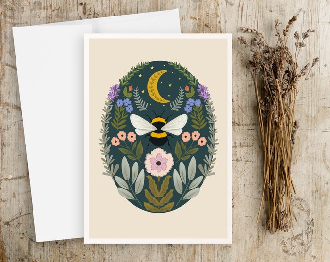 "Bumble Bee Garden" - Whimsical Nature Illustration Greeting Cards, Folk Art note Cards