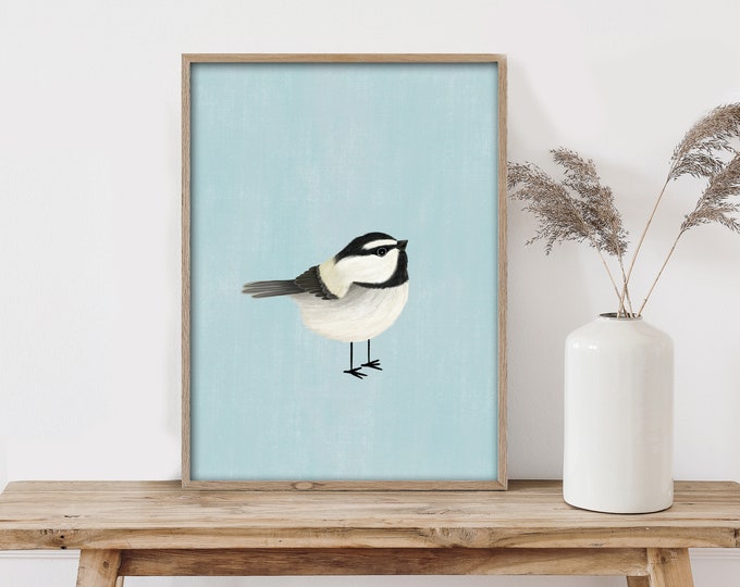 "Mountain Chickadee" - Whimsical Illustration Art Print: Scandinavian Folk Art - hygge nature decor