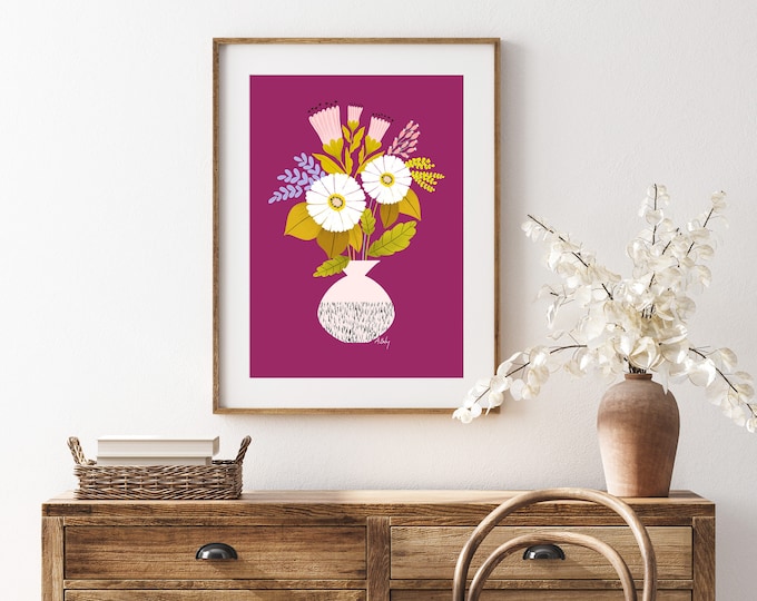 "Joy" - Whimsical Folk Art Flowers Print - Scandinavian Flowers Illustration Print - Hygge Decor