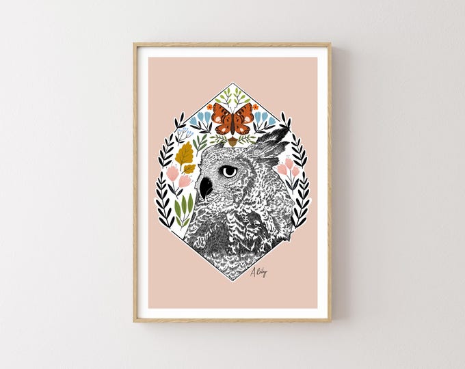 "Woodlands Owl" - Cottagecore Botanical Illustration