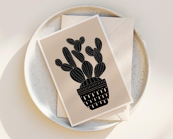 Modern Potted Cactus Note Cards - Paddle Cactus Greeting Cards - Any Occasion with Envelopes - Cactus greeting cards - Simple Cactus Art