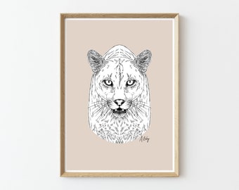 Cougar Illustration Print | Animal Wall Art | Customizable Prints | Drawing | Wildlife art | Nature Prints | Large Wall Art | Mountain Lion