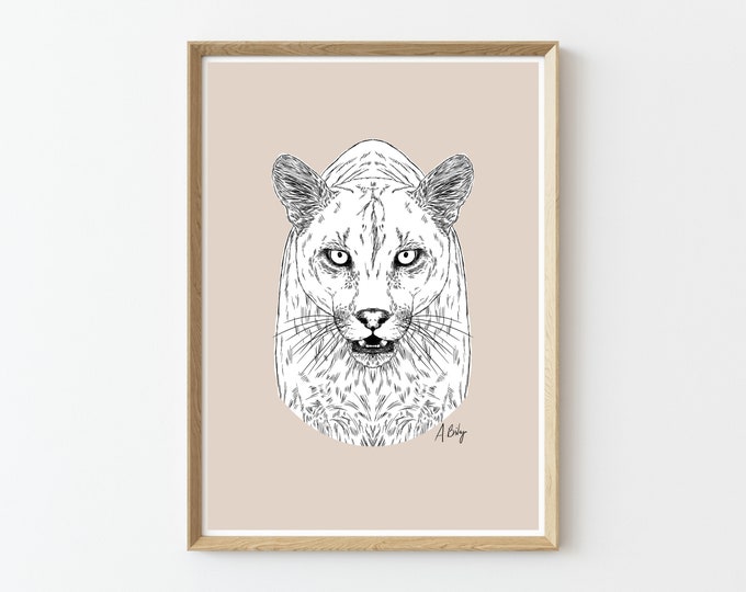 Cougar Illustration Print | Animal Wall Art | Customizable Prints | Drawing | Wildlife art | Nature Prints | Large Wall Art | Mountain Lion
