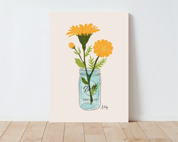 Marigolds in Mason Jar - Folk Art Print - Scandinavian wall art - Simple Artwork - Illustration Print - Large wall art - botanical wall art